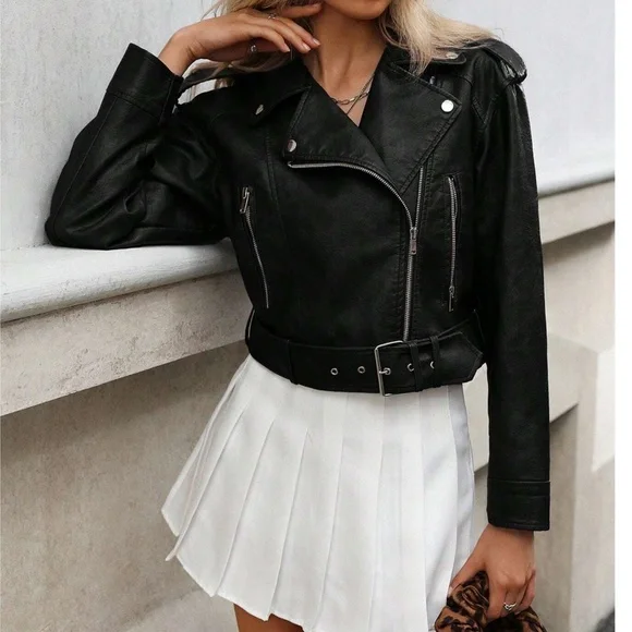 Luxe Vegan Leather Zip up Cropped Moto Biker Jacket
